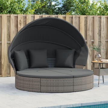 vidaXL Loungebed met luifel en kussens poly rattan grijs, Verzenden, Nieuw