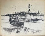 Yves Ganne (1931-2019) - Paysage Marin avec bateau et phare.