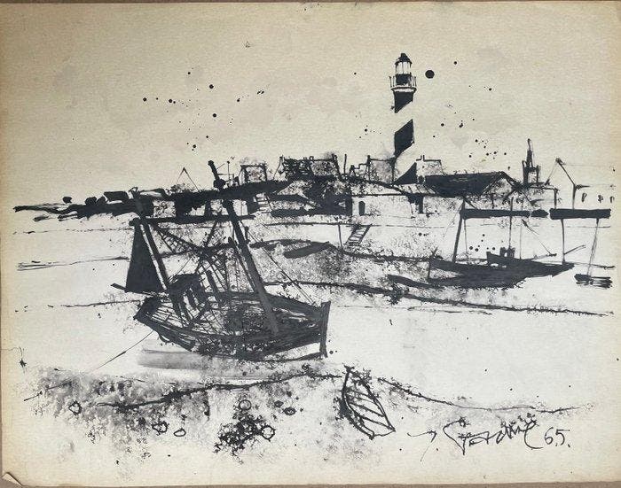 Yves Ganne (1931-2019) - Paysage Marin avec bateau et phare., Antiek en Kunst, Kunst | Schilderijen | Klassiek