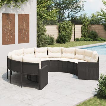 vidaXL Tuinbank met kussens rond poly rattan zwart, Verzenden