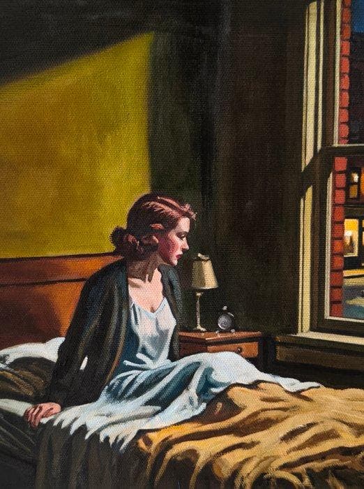 Fernando Cobo - Midnight waiting (Hopper tribute), Antiquités & Art, Art | Peinture | Moderne