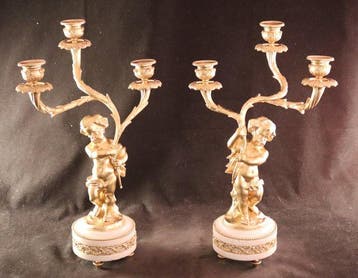 Paar antieke vergulde kandelaars - Kandelaber (2) - Brons,, Antiek en Kunst