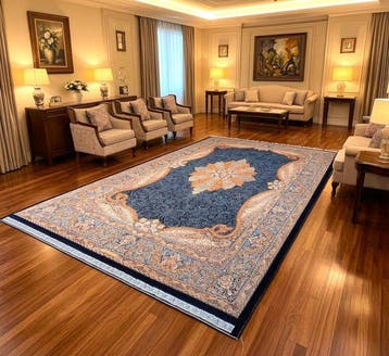 Luxe Premium Zijden Keshan-tapijt - Diep marineblauw - Met, Huis en Inrichting, Stoffering | Tapijten en Vloerkleden, Nieuw