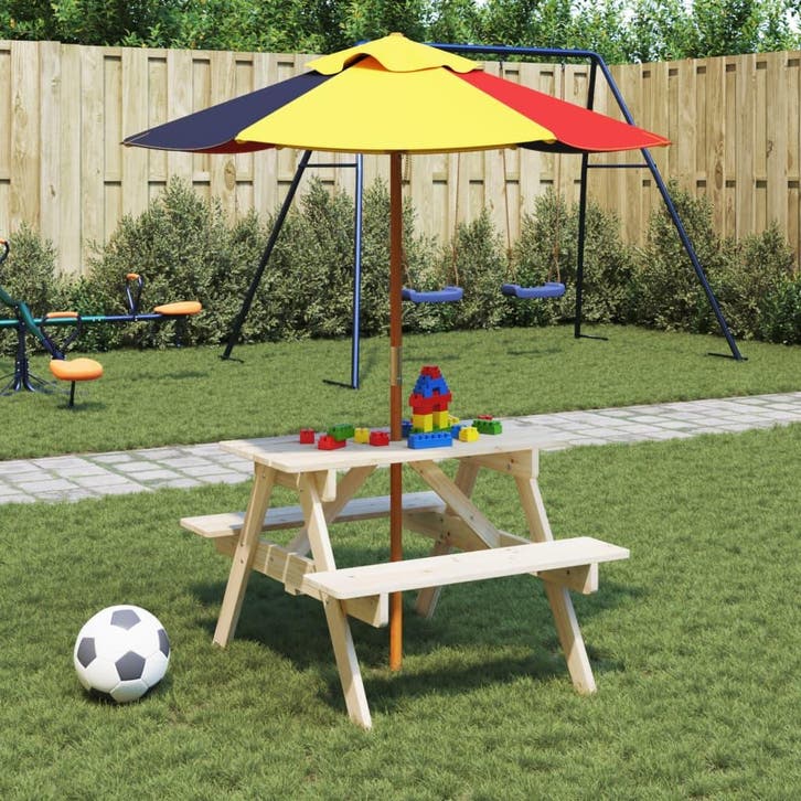 vidaXL Picknicktafel voor 4 kinderen met parasol massief, Jardin & Terrasse, Tables de jardin, Envoi