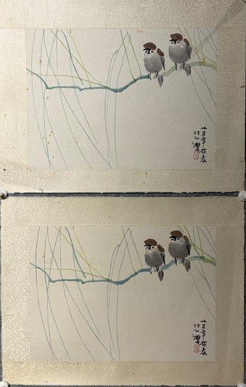 Pair of Woodblock Color Prints – Two Sparrows & Willow