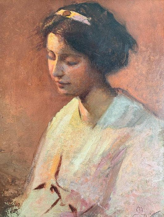 Angelo Garino (1860-1945) - Il nastro rosa, Antiquités & Art, Art | Peinture | Classique