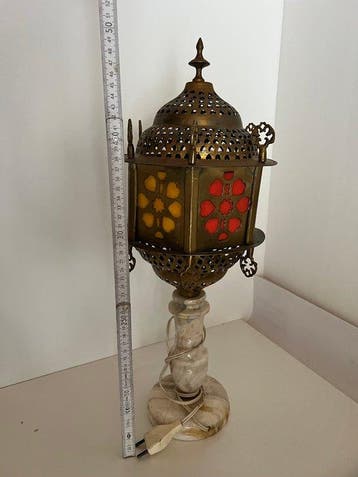 Tafellamp - Messing, Marmer, Glas - Vintage Marokkaans uit