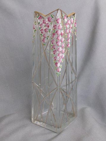 Art Nouveau - Vaas - Kristalglas met emaille schildering -, Antiek en Kunst