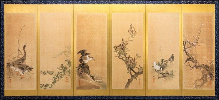 Een zesdelige Bybu () met vogels en elementen van de, Antiek en Kunst, Antiek | Overige Antiek