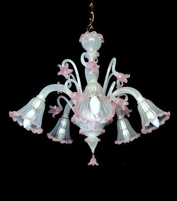Lustre - Fleurs dans le vent - Verre opalin clair et rose -