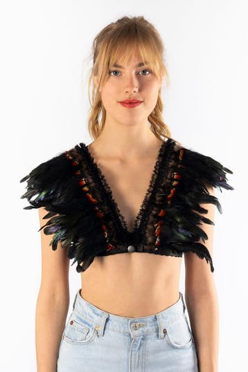 Top met Veren Zwart Bruin XS S M Verentop Steampunk Topje Ve, Ophalen of Verzenden, Nieuw