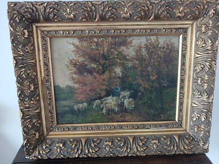J. De Haas (XX) - Herder met schapen, Antiquités & Art, Art | Peinture | Classique
