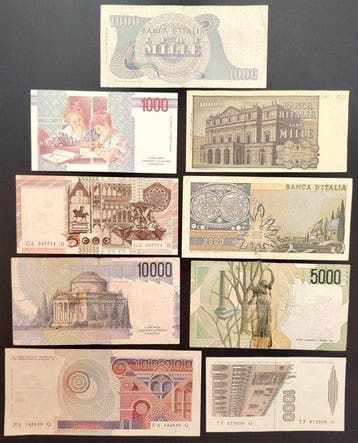 Italië. - 9 banconote Lire - anni vari - inclusa 100.000, Timbres & Monnaies