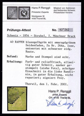 Suisse 1850/1854 - CH - Strubel - SBK n° 26Aa - Attestation