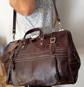 Große Leder Arzt / Wochenend-Tasche - Reisetasche, Weekender, Antiquités & Art