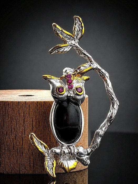 Zilver, Black Opal - Broche - Owl Design, Antiquités & Art, Curiosités & Brocante