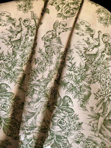 Vijf meter en dubbele breedte. Groene toile de Jouy-stof met