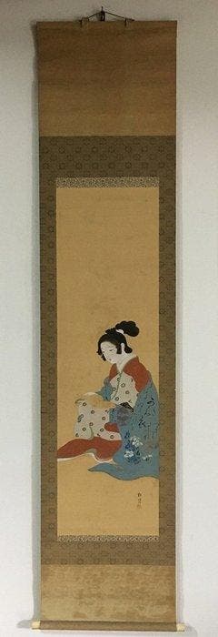 Vintage Japanese Hand-Painted Silk Hanging Scroll Kakejiku -