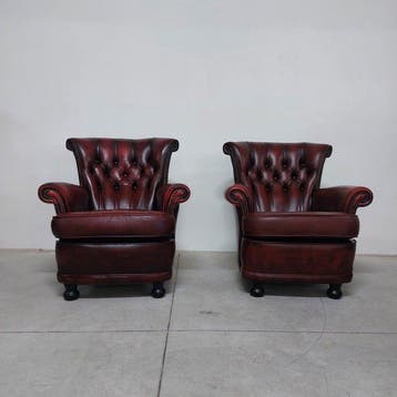 Chesterfield style - Fauteuil (2) - Cuir, Bois - Couple