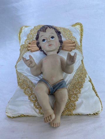 Kindje Jezus op zijn kussen - 25 cm - Composiet, Textiel -