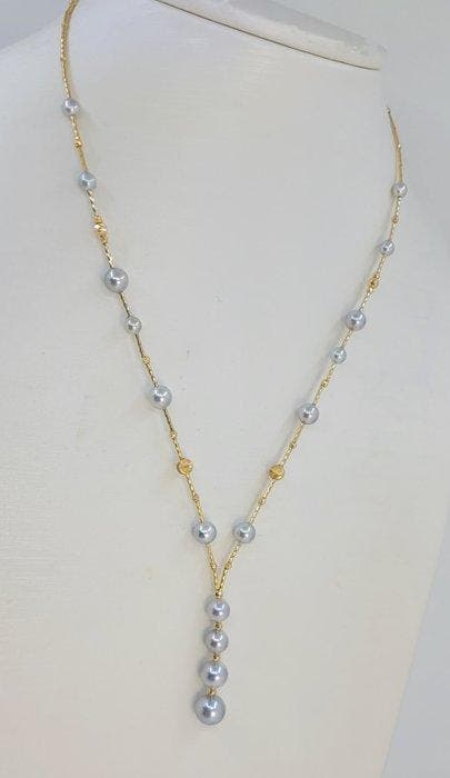 Halsketting - 18 karaat Geel goud - 4x8 mm Akoya parels, Handtassen en Accessoires, Kettingen