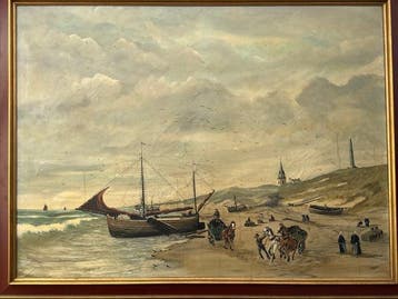 Hollandse School (XX) - Historisch Hollands strandgezicht, Antiek en Kunst