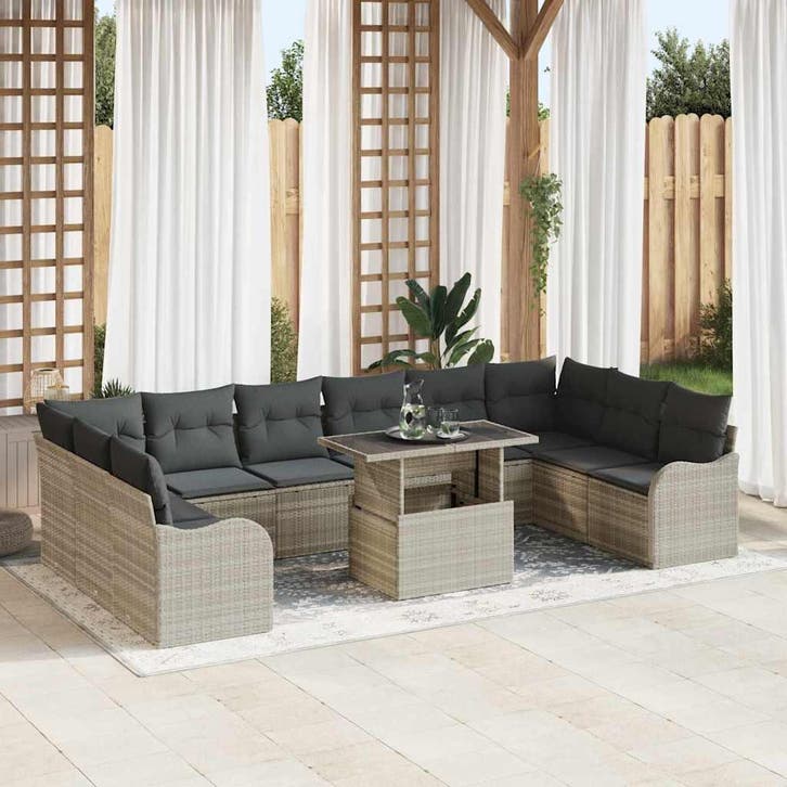vidaXL Tuinbank Set 11 st Lichtgrijs Poly rattan, Tuin en Terras, Tuinsets en Loungesets, Nieuw, Verzenden