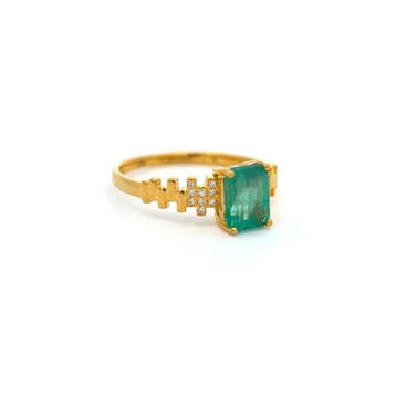 Bague - 14 carats Or jaune - 1.18ct. tw. Émeraude - Diamant