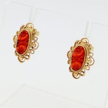 Boucles doreilles - 14 carats Or jaune - corail rouge, Handtassen en Accessoires, Oorbellen, Nieuw