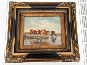 Hollandse School (XX) - Koeien aan het water, Antiek en Kunst