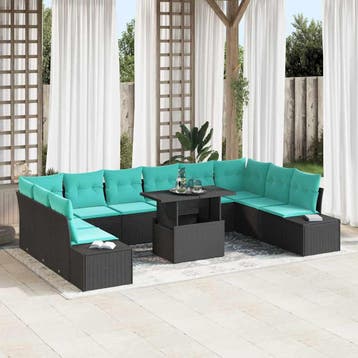 vidaXL Tuinbank Set 11 st Zwart en Blauw poly rattan, Tuin en Terras, Verzenden, Nieuw