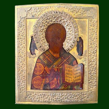 Icoon - Nikolaas de Wonderdoener - verguld metaal, Antiek en Kunst