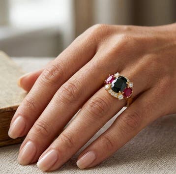 Bague - 18 carats Or jaune, Rubis - Saphir - Diamants -
