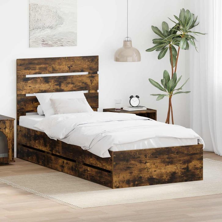 vidaXL Bedframe met lade Rook Eiken 90 x 200 cm, Huis en Inrichting, Slaapkamer | Bedden, Nieuw, Verzenden