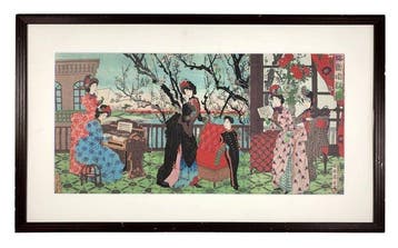 Meiji Ukiyo-e Triptych, Baien Shoka Zu (), with
