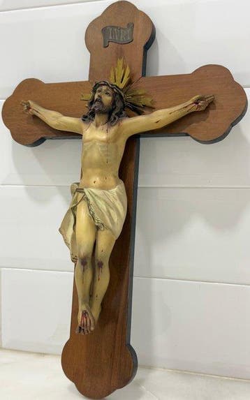 OLOT - sculptuur, Cristo crucificado - 60.5 cm - Houtpasta,