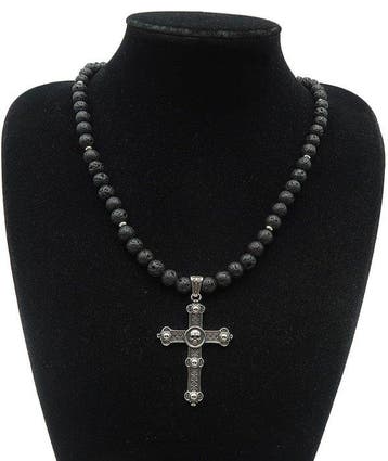 Lavasteen - Ketting - Memento Mori-kruis - Uitdrijving en