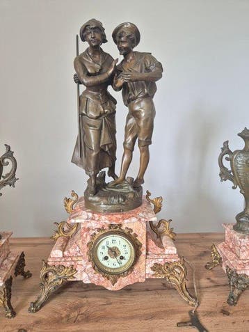 Figurale pendule, Klok en garnituur set (3) - Antiek Marmer,, Antiek en Kunst