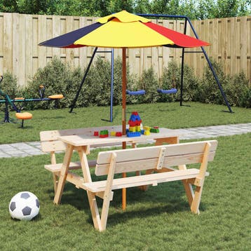 vidaXL Picknicktafel voor 4 kinderen met parasol massief, Verzenden
