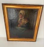 École belge (XIX) - Portret schilderij van een oude biddende, Antiek en Kunst