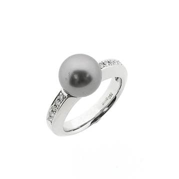 Witgouden ring met Tahiti parel en diamanten; 0,10 ct., Ophalen of Verzenden