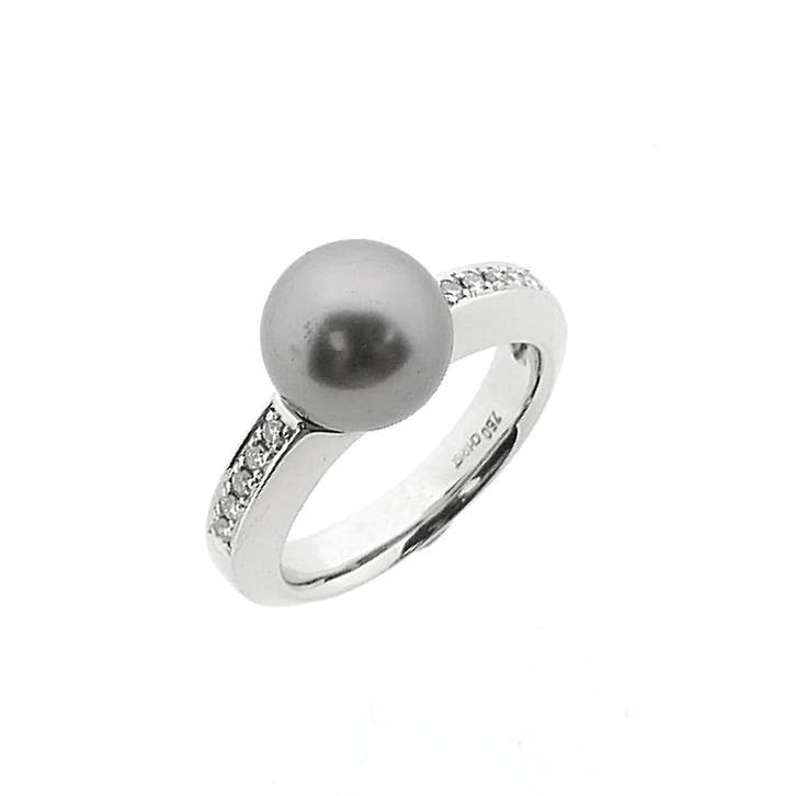 Witgouden ring met Tahiti parel en diamanten; 0,10 ct., Bijoux, Sacs & Beauté, Bagues, Enlèvement ou Envoi