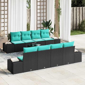 vidaXL Tuinbank Set 9 st Zwart en Turkoois poly rattan, Verzenden, Nieuw