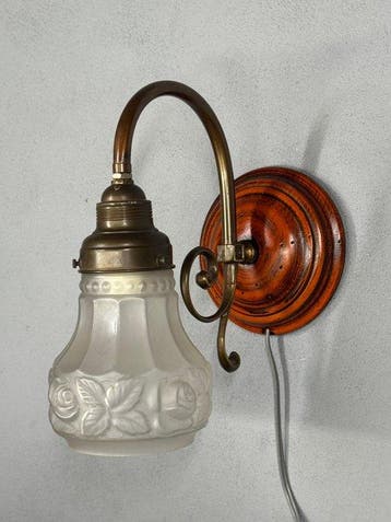 Wandlamp - Hout, Glas, Messing - Authentieke wandlamp