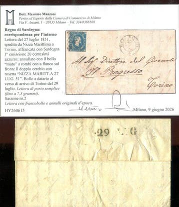 Anciens états italiens - Sardaigne 1851 - 20 centesimi 1re, Postzegels en Munten, Postzegels | Europa | Italië, Gestempeld