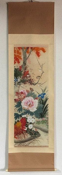 Antique Japanese Hanging Scroll - Hand-painted Luxury Peony
