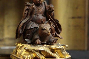 Wooden Buddhist Goddess Dakiniten Riding Fox Statue in Black