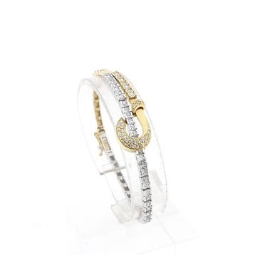 Bicolor gouden staafjesschakel armband met zirconia, Handtassen en Accessoires, Armbanden, Gebruikt, Ophalen of Verzenden, Met edelsteen