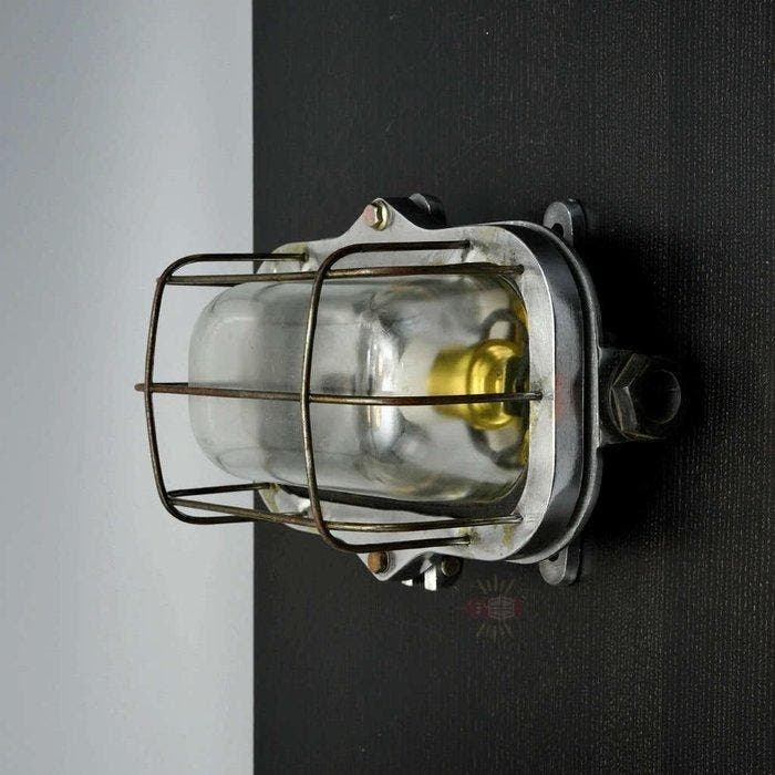Wandlamp - Metaal, Glas, Messing - Industrieel kooi-lamp, Antiquités & Art, Antiquités | Assiettes décoratives & Carrelages