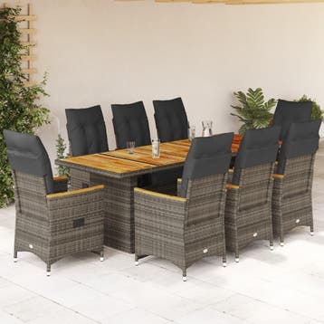 vidaXL 9-delige Bistroset met kussens poly rattan grijs, Verzenden, Nieuw